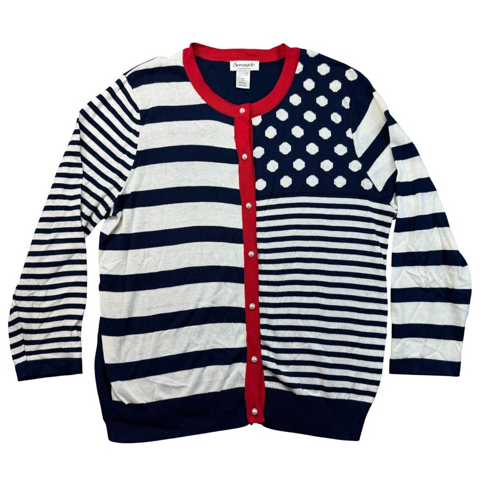 Serengeti Cardigan Womens 1X Red White Blue Sweater Polka Dot USA Button Up Cute